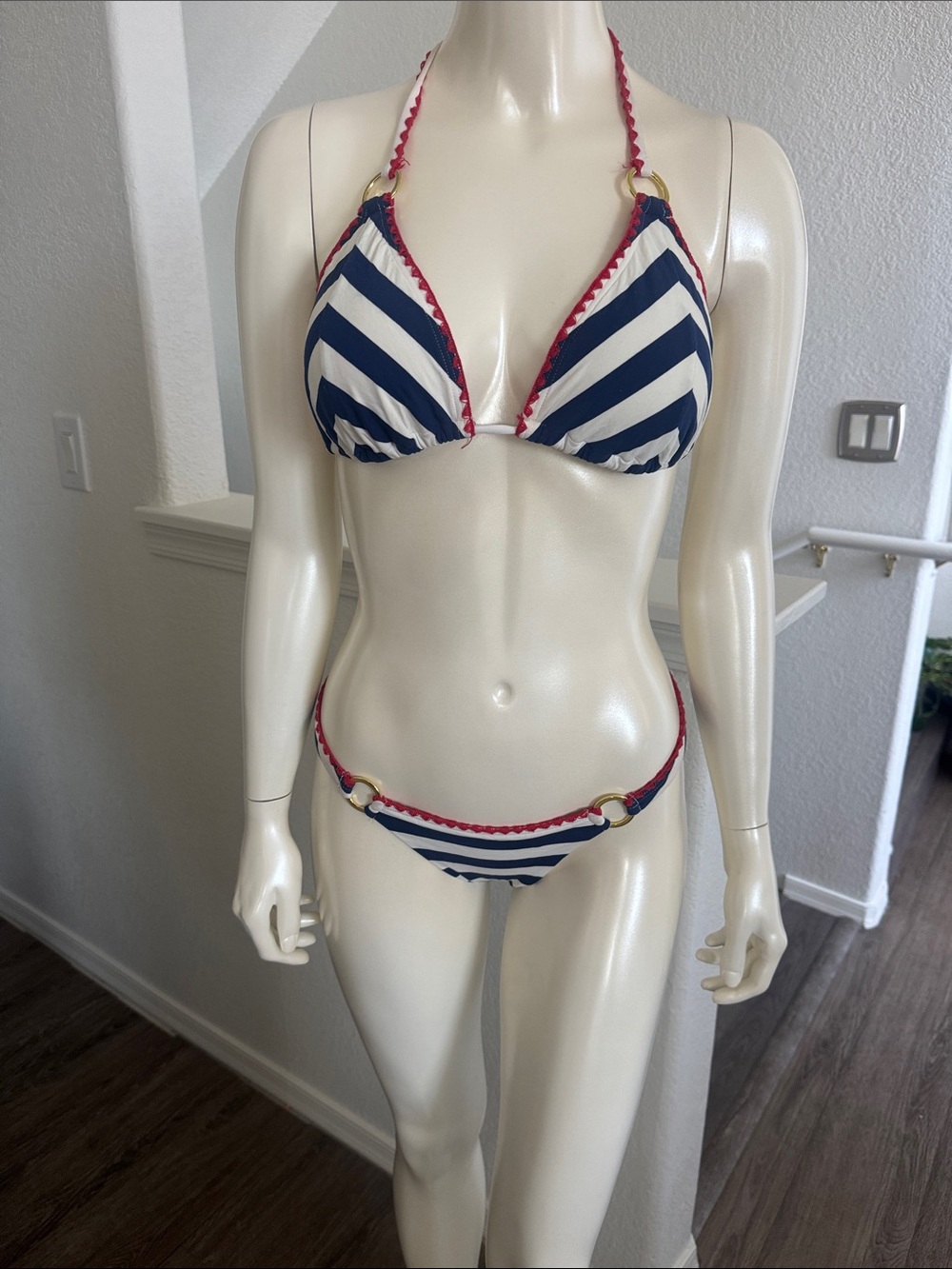 Beach Bunny Navy & White Striped Triangle Bikini with Red Trim